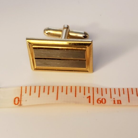 Vintage Two Tone Metal Cufflinks Goldtone Silvertone Brushed Striped Rectangular - Picture 4 of 6